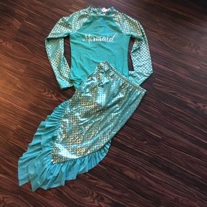 Turquoise mermaid rash guard bathing suit with matching skirt